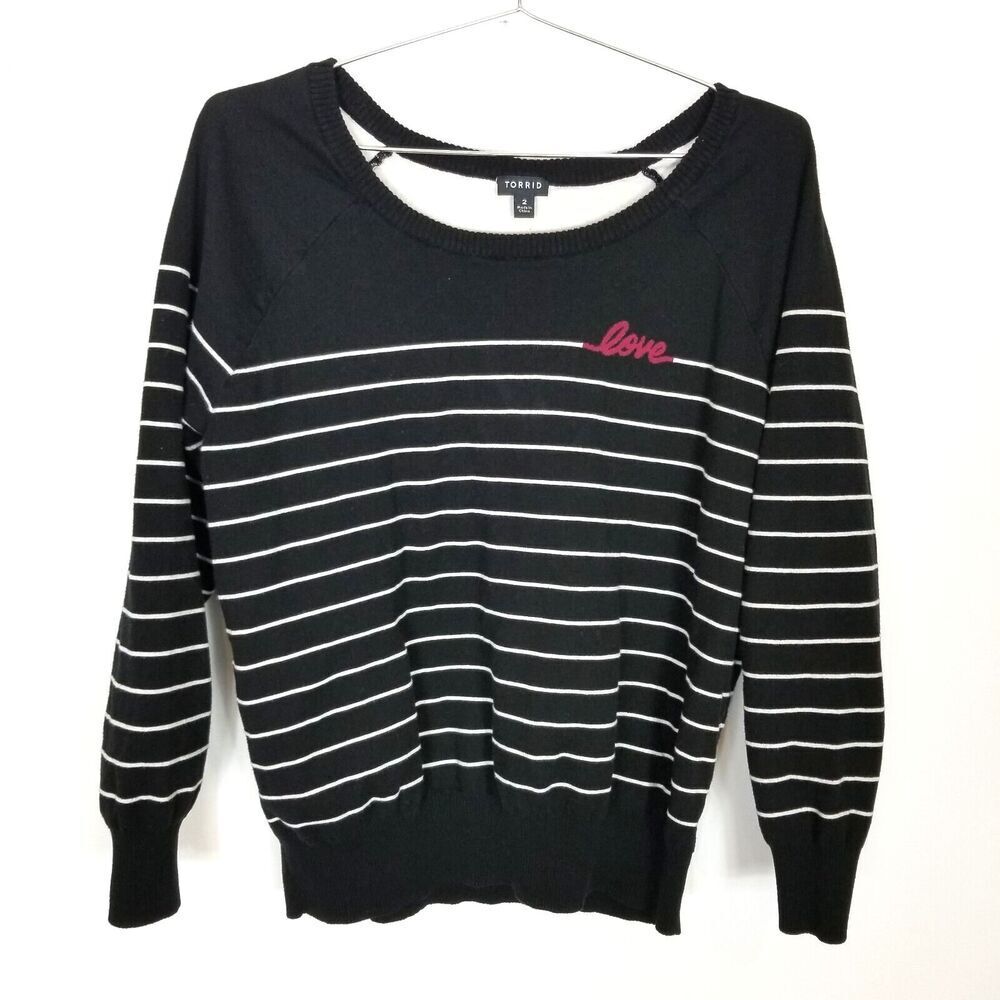 Torrid Women Plus Love  Striped Pullover Sweater‎ Sz 2X Black White Soft Cozy